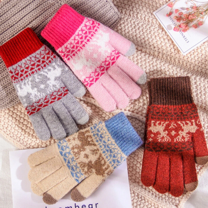 Women Men Christmas Gloves Winter Unisex Elk Printed Hand Gloves Warm Velvet Thickening Riding Knit Gloves