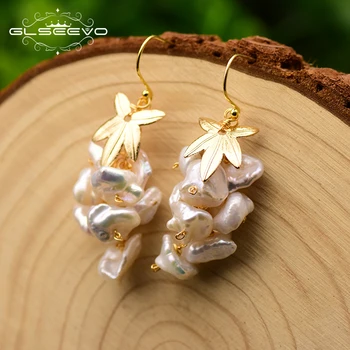 

GLSEEVO Original Design Natural Fresh Water Baroque Pearl Tassel Drop Earrings For Women Plant Dangle Earring Jewelry GE0745