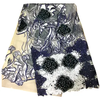 

Navy Blue White African lace fabric Mix Velvet Nigeria garment sewing lace fabric with lots of stones DG998