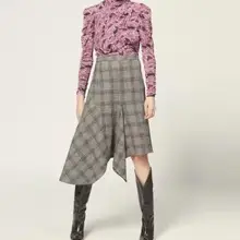 Серая шерстяная в клетку Асимметричная юбка с завышенной талией и оборками на молнии сзади для женщин 2019FW миди юбки