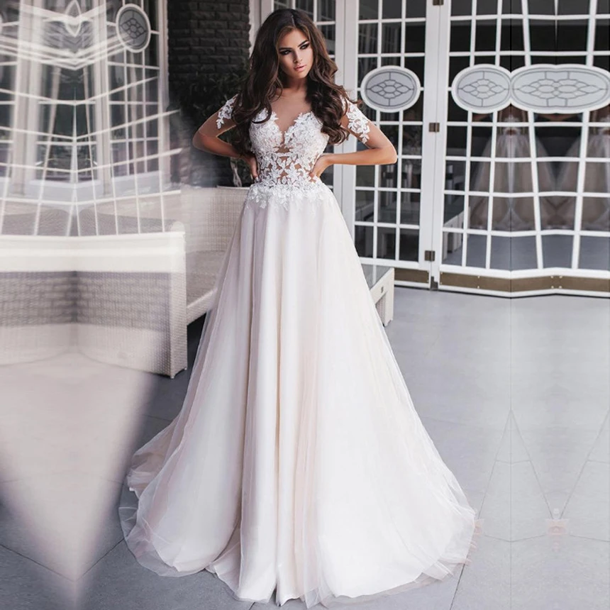 Vestido de Noiva/кружевное свадебное платье с короткими рукавами es, кружевное свадебное платье белое Тюлевое свадебное платье цвета слоновой кости под заказ