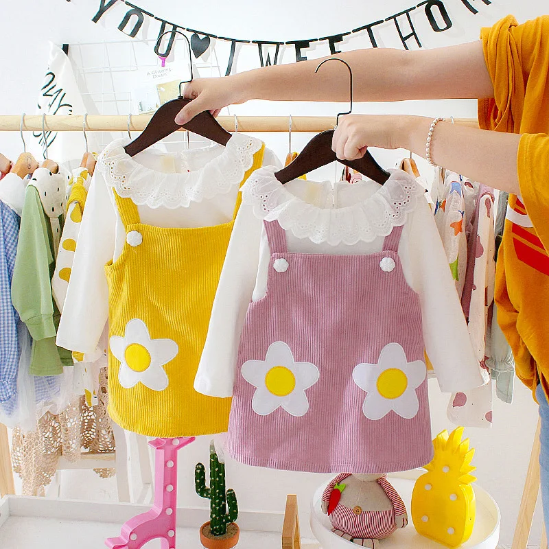 

Baby Girls Clothes Set 2019 Autumn Newborn Infant Girls Dress Long Sleeve Lace T-shirt Tops+Sling Dress Children Suit Outfits