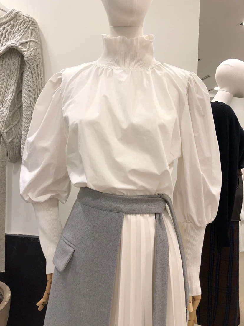 

2020 Spring New Turtle-Neck Puff Sleeve Blouse Ladies White Shirt Temperament Long-Sleeve Solid Color Blouse Blusa Mujer Blusas
