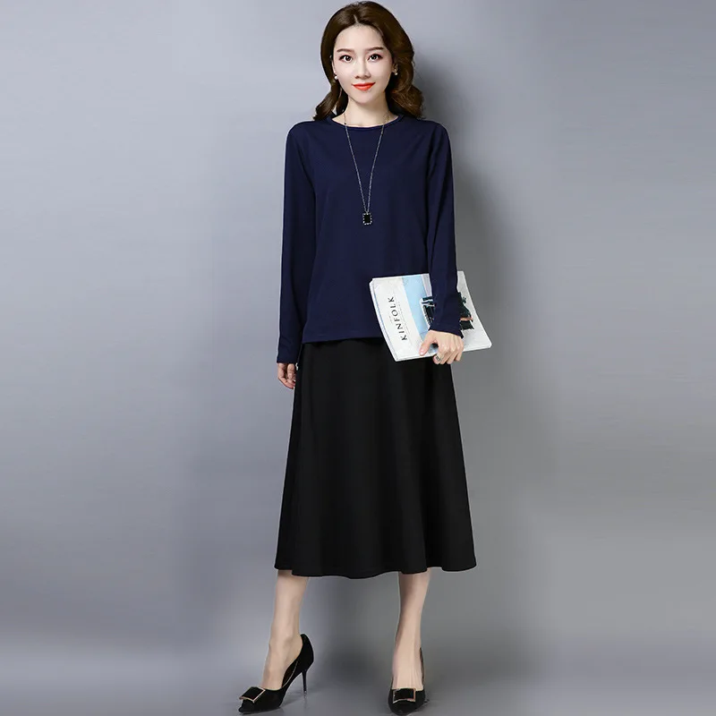 

2019 Spring New Style Korean-style Solid Color Front Short Long Back Long-sleeved T-shirt + Skirt Large Size Dress Fashion Leisu