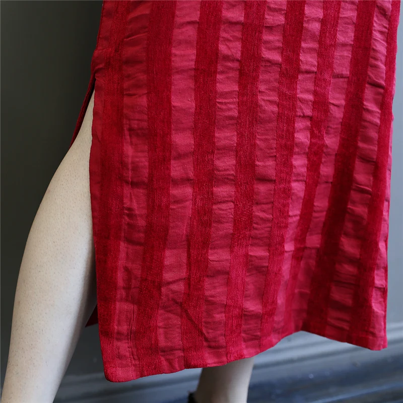 Johnature винтажное льняное платье Cheongsam осеннее Новое Полосатое платье с длинным рукавом в китайском стиле женское платье на пуговицах