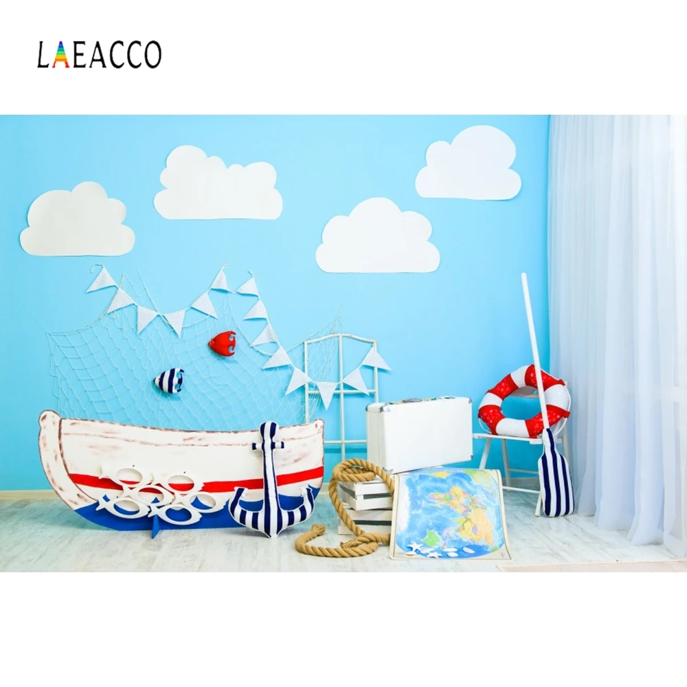 

Laeacco Children Room Sky Cloud Ship Seaside Fish Photography Backgrounds Customized Photographic Backdrops for Photo Studio