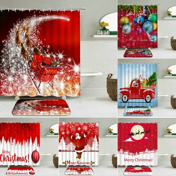 

Merry Christmas Bathroom Curtains Set Snowman Santa Bell Elk New Year Waterproof Shower Curtain Toilet Cover Mat Non-Slip Rug