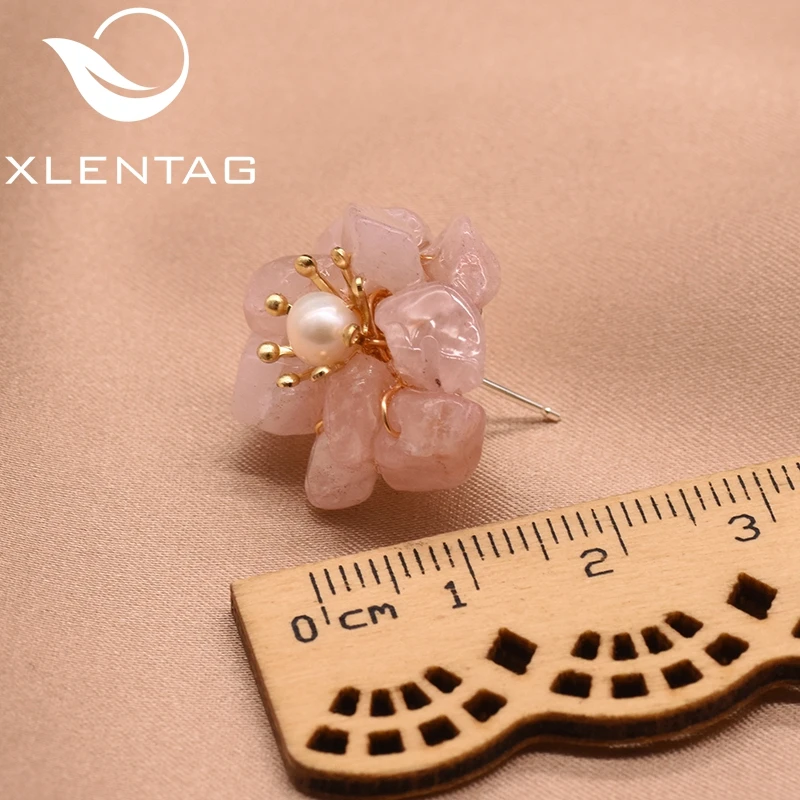 XlentAg серьги гвоздики с натуральным розовым кристаллом и жемчугом для женщин