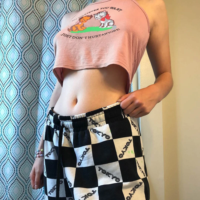 Iamhotty Camis женские короткие топы без рукавов с открытой спиной милые короткие топы Холтер розовый мультфильм летний жилет