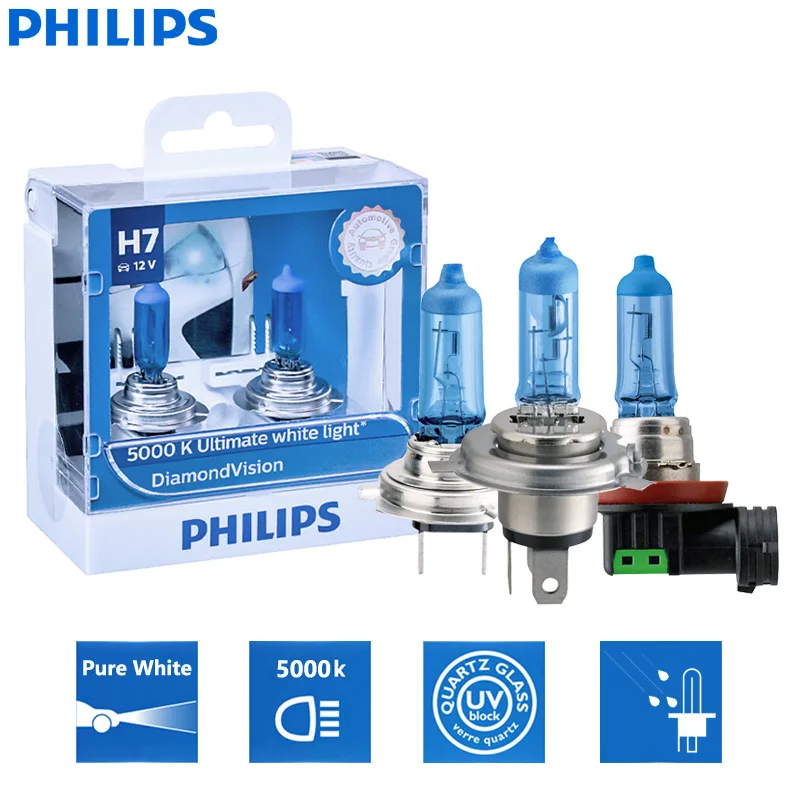 Philips Diamond Vision H1 H4 H7 H8 H11 9005 9006 HB3 HB4 12V DV 5000K Cool White Light Car Halogen Headlight Fog Lamp (Twin) afbeelding