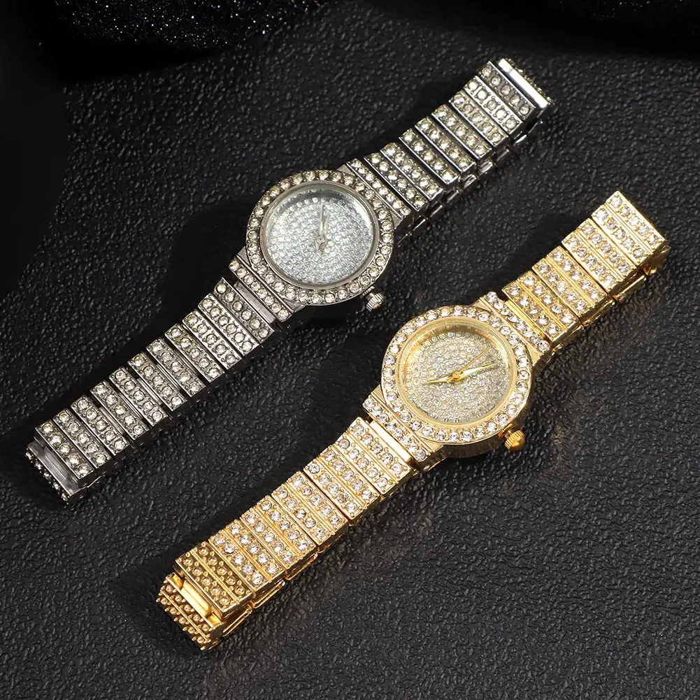 Iced Out Rose Gold Silver Color Watch Women's Luxury Rhinestone Cuban Chain Bracelet Watches Fashion Wrist Watch Hip Hop Jewelry