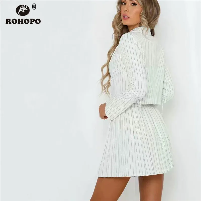 

ROHOPO Autumn Ladies Whiter Back Striped Pleated Skirt High Waist Chic Female Flared Casual Falda #9819