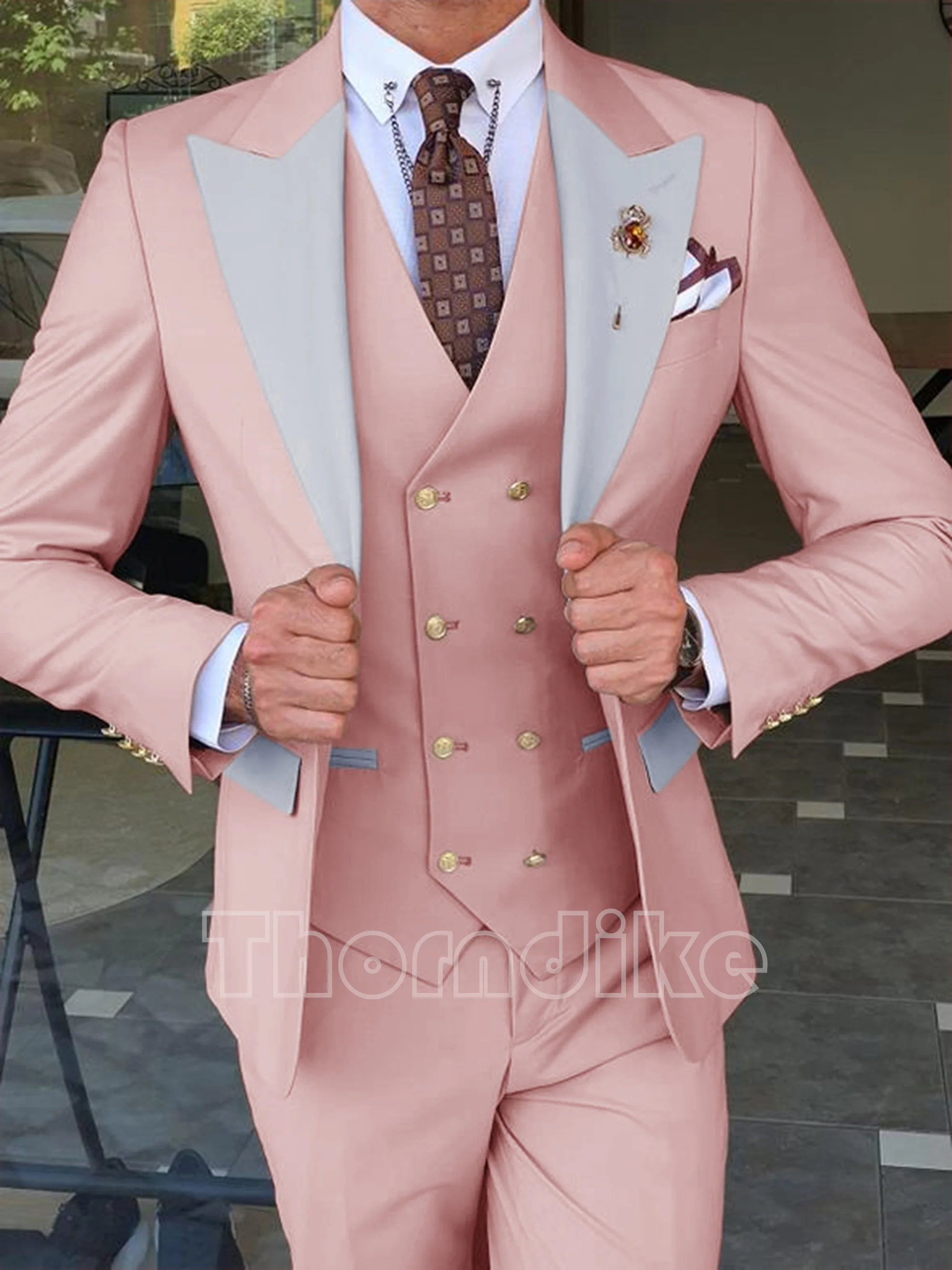 Thorndike Latest Design Silver Peak Lapel Men Suit Pink Custome Homme Fashion Blazer Slim Fit 3 Pieces (Jacket+Vest+Pants)