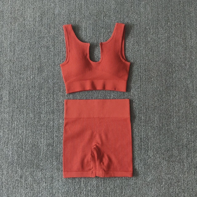 2/4/6PCS Seamless Women Yoga Set Workout Sportswear Fitness Bra Sport Pants Gym Clothing High Waist Leggings Shorts Sports Suits VBraShortsRed