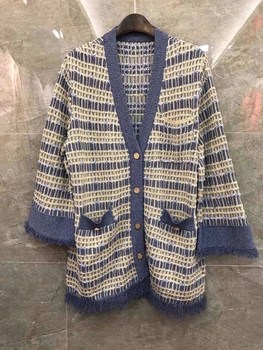 

2020 autumn and winter new women's color matching must be woven border symmetrical pocket decoration knitted cardigan 928