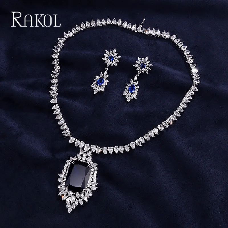 RAKOL Роскошные Синие серьги с кубическим цирконием ожерелье для женщин белое золото цвет свадебный ужин вечерние ювелирные изделия набор RS1097K