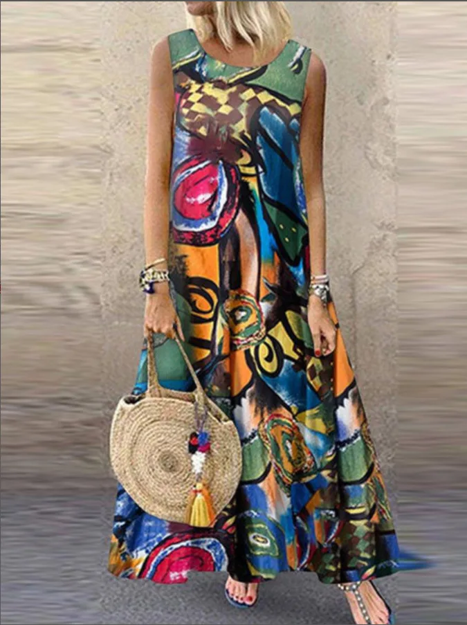 Women Graffiti Print Dress Boho Summer Sleeveless O Neck Loose Dressess Robe Elegant Party Long Maxi Vestidos Plus Size | Женская одежда