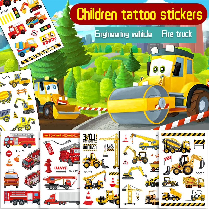 Kid Cartoon Engineering Fire Truck Tattoo Stickers Boys Excavator Fire Truck Cognitive Toy Tattoo Stickers Temporary Tattoos