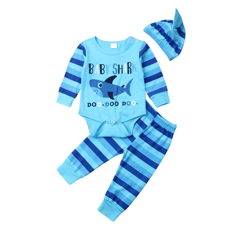 Infant Baby Girls Blue Shark Romper Jumpsuit+Stripe Pants +Hat Outfits Set fashion 2019 new autumn clothes for newborn boys | Детская