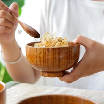 

1Pc Wooden Bowl Japanese Style Wood Rice Soup Bowl Salad Bowl Food Container Large Small Bowl for Kids Tableware Wooden Utensils