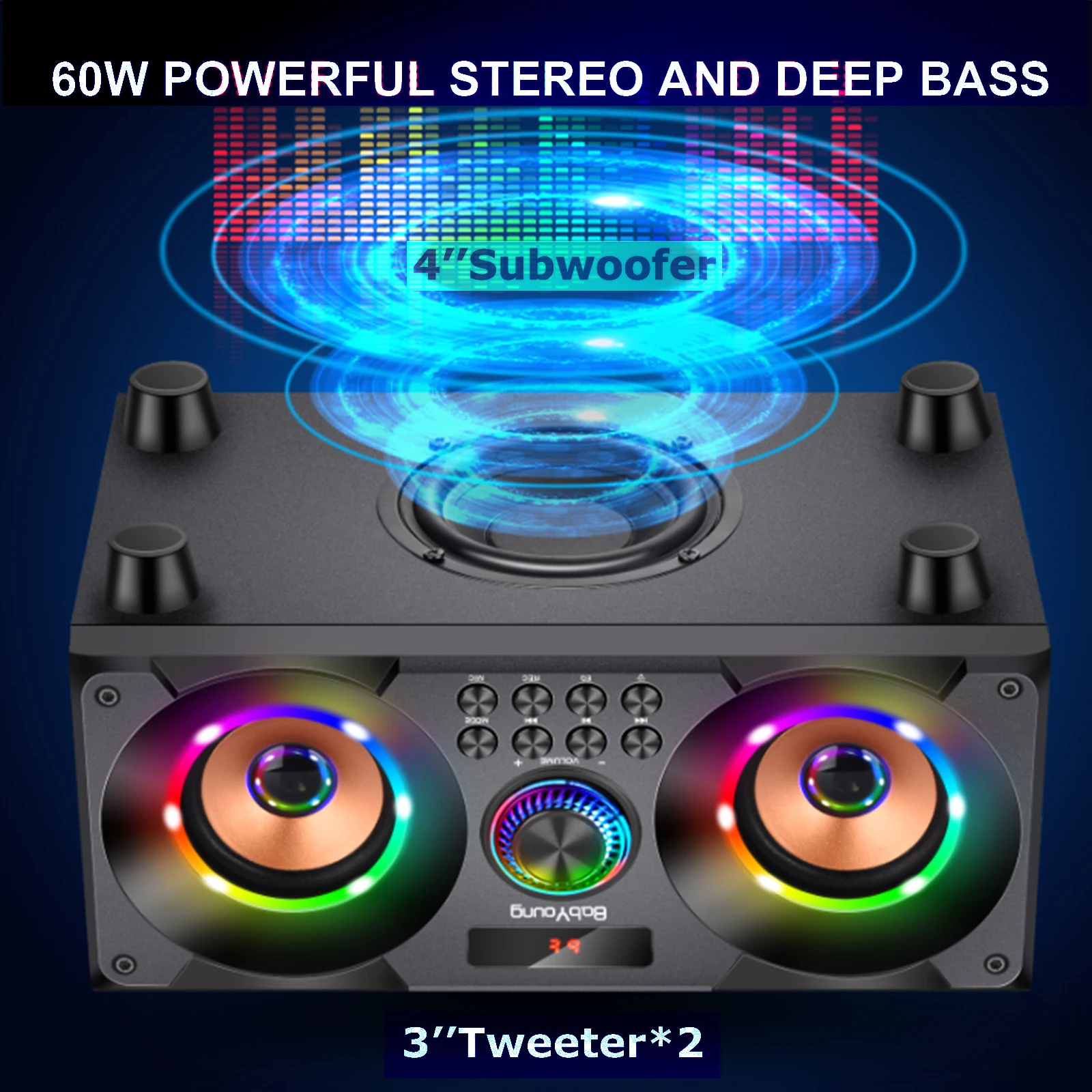 TOPROAD 60W Portable Bluetooth Speaker with Subwoofer Wireless Outdoor  Stereo Bass Party Speakers Support FM Radio LED Lights