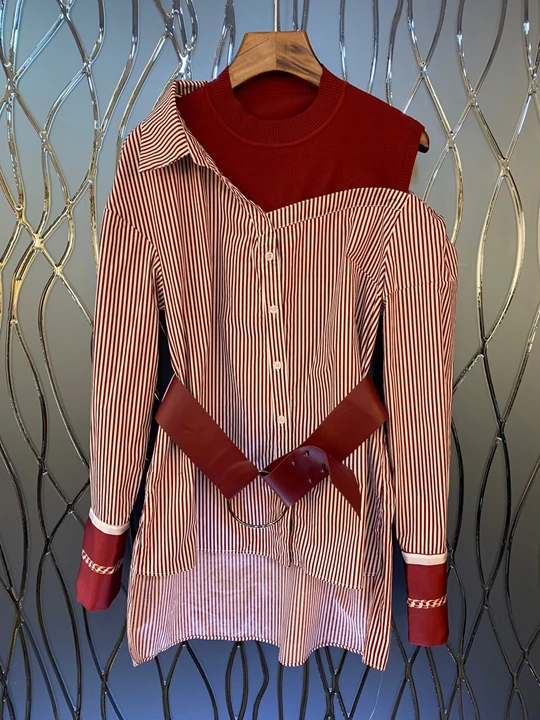 2019 Early autumn new women's round collar irregular patchwork button-up Waist Long Sleeve Striped Dress 818