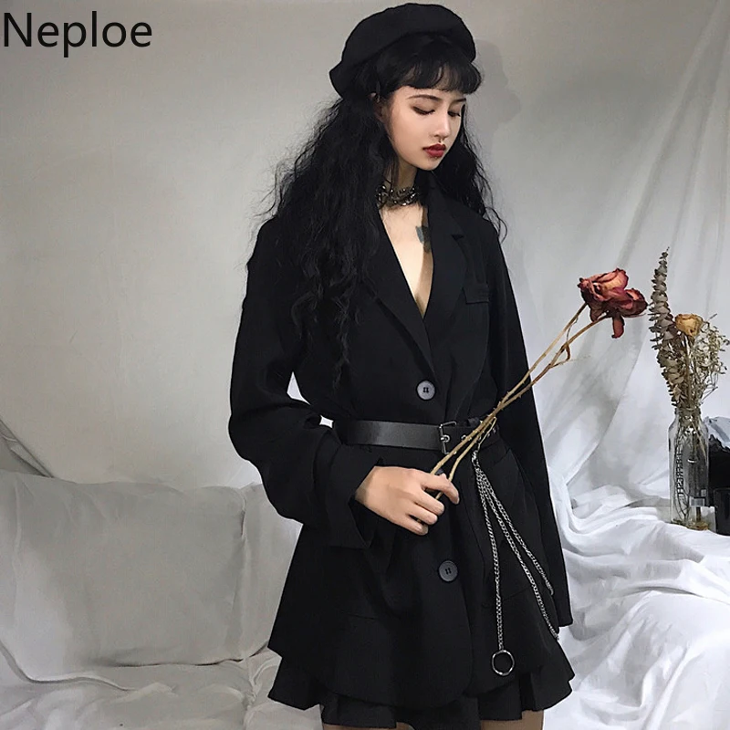 Neploe, офисные женские блейзеры с вытачками, женское осеннее пальто Харадзюку с длинным рукавом, большие размеры, черная куртка средней длины с поясом 80536