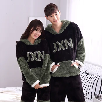 

Two Piece Set Korean Flannel Pajamas Winter Warm Couple Sleepwear Home Clothes Coral Fleece Thick Pyjamas Women Men Pijama Mujer