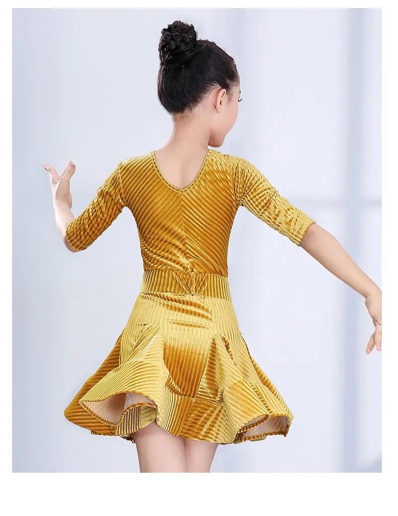 Новое поступление, Детский костюм с платьем для латинских танцев бархатная танцевальная юбка с v-образным вырезом и длинными рукавами, 3/4 год Детские платья для девочек, танцевальный костюм