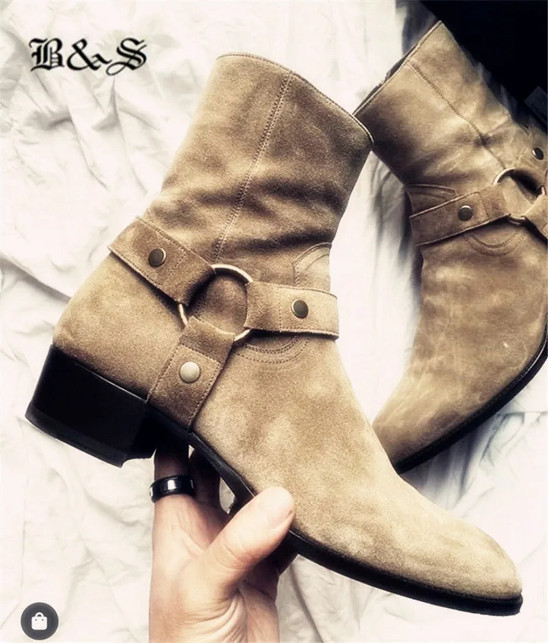 

Black& Street ankle ring buckle strap new color camel suede leather Boots handmade wyatt dress Boots