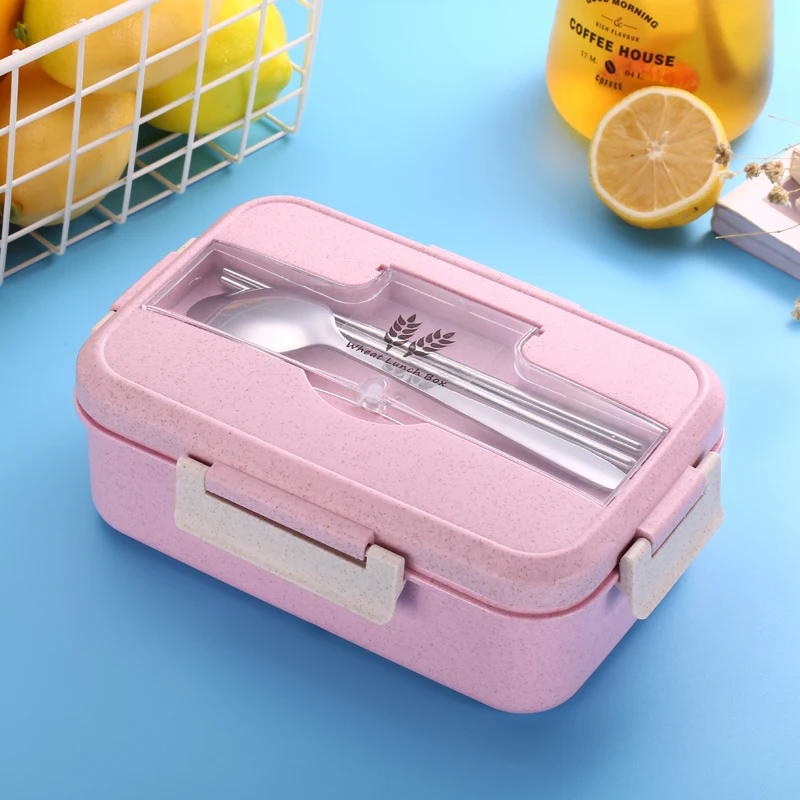 1 л Ланч-бокс, 3 слоя, пшеничная солома, Bento box, герметичная микроволновая посуда, высокое качество, контейнер для хранения, для детской школы - Цвет: Розовый