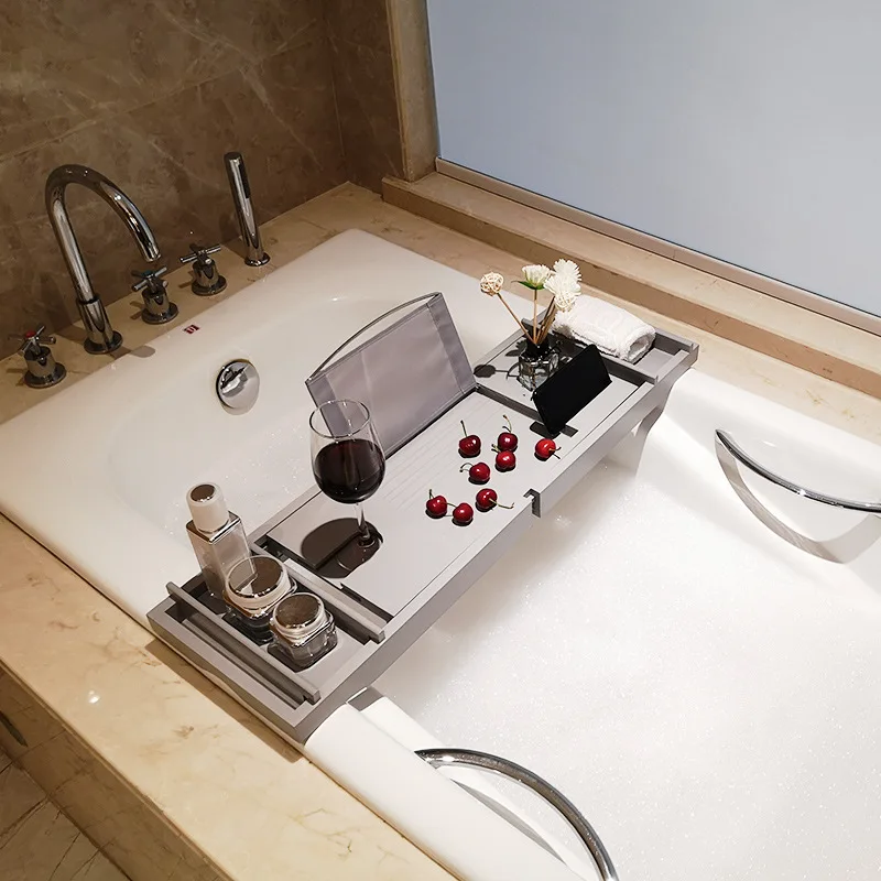 Bamboo Multifunctional Bathtub Caddy Organizer Extendable Table Board Lap Desk Bathroom Storage Bracket Drain Shelf Rack Shower