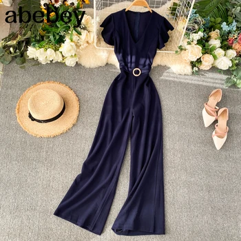 

Fashion Slim 2020 Ruffles Jumpsuits V Neck Rompers Office Summer Full Length Jumpsuit Casual Women Elegant Playsuit Tie Romper