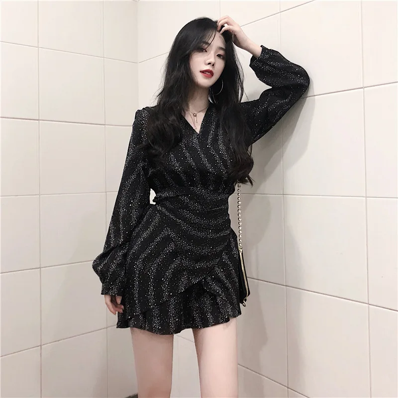

Photo Shoot 2019 Spring New Style WOMEN'S Dress V-neck Irregular Lotus Leaf Variable Bandage Cloth Stars Long Sleeve Chiffon Dre