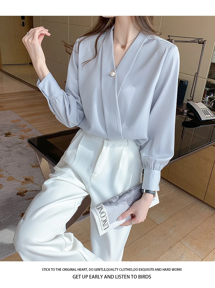 New V-Neck Silk Shirts Women Pullover Short Sleeve Summer Tops 2021 Button Women Blouses Satin Clothing Office Lady Solid Blouse