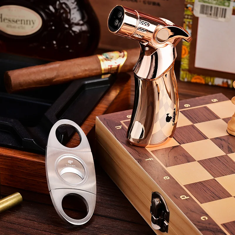 COHIBA ветрозащитная 4 фонарь Jet Flame бутан Газовая металлическая сигарная зажигалка с сигары резак подарочный набор CL-TZ