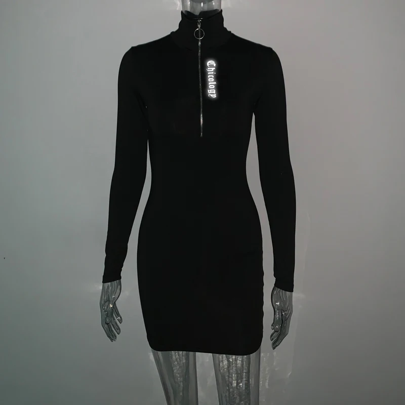 Dulzura, осенне-зимнее женское платье, светоотражающее, облегающее, уличная одежда, сексуальная одежда, мини платье для вечеринки, с длинным рукавом, на молнии