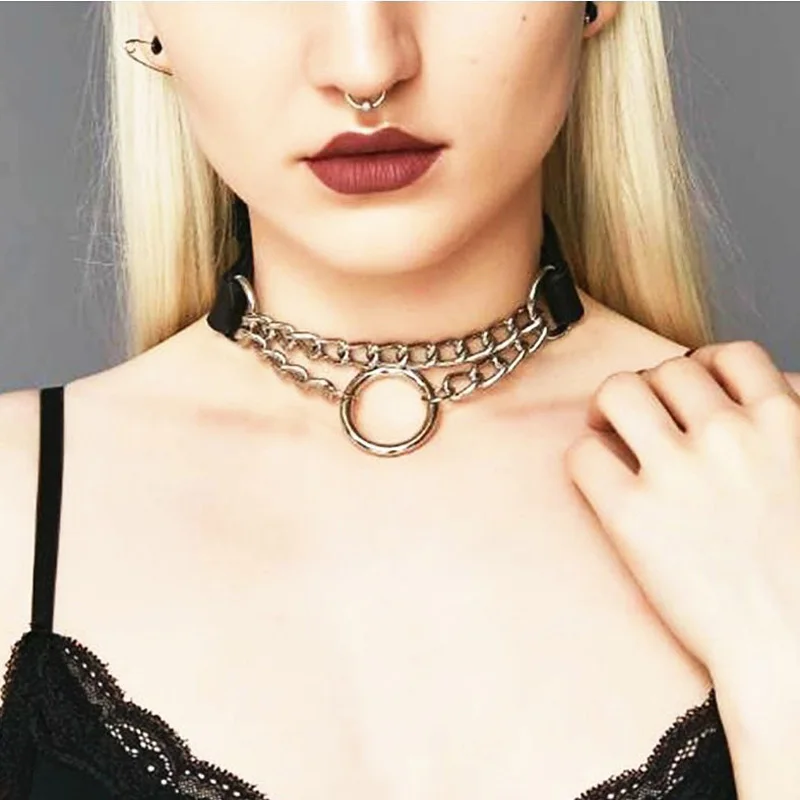 COLEMJE Gothic Lock Chain Necklace Multilayer Punk Choker Collar Goth Pendant Necklace Women Leather Sexy Witch Rave Jewelry