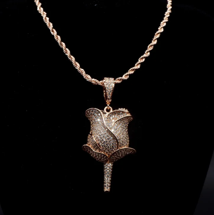 High Quality Rose Pendant hip-hop style neutral euro-american popular necklace AAAA Zircon Inlaid Street hipster accessories | Украшения и