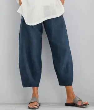 

2020 Vintage Linen long Pants Women's Autumn Tousers Casual Elastic Waist Asymmetrical Pantalon Female Cropped Pants Oversized