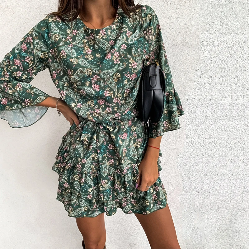 

Women's Autumn Flare Sleeve Floral Print Dress 2020 Casual Cascading Ruffle Sashes Mini Dress Boho Femme A Line Party Vestidos