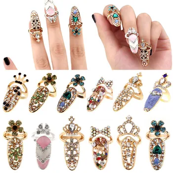 

Women Fashion Bowknot Nail Ring Charm Crown Flower Crystal Finger Nail Rings Exquisite Diamond Nail Set Tail Ring Joint Ring
