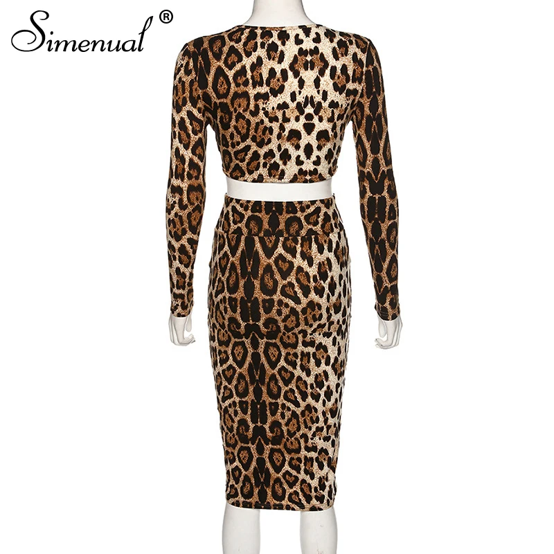 Simenual, Леопардовый, v-образный вырез, сексуальный бандаж, два предмета, наборы, женские, с длинным рукавом, вечерние, Клубная одежда, наряды, модный, облегающий топ и юбка