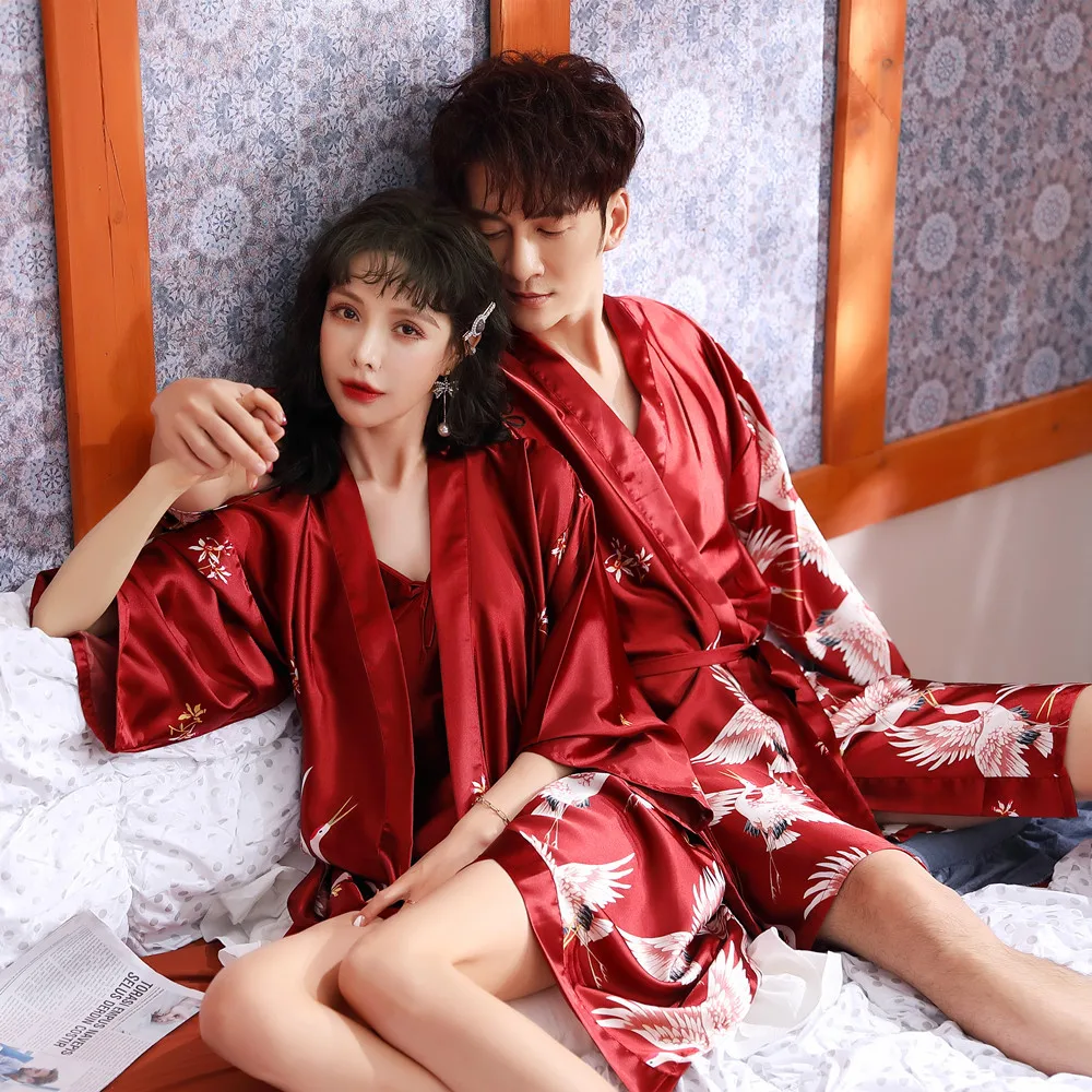 Men Luxury Print Lounge Sleepwear Faux Silk Nightwear Men Comfort Silky Bathrobes Noble Dressing Gown Men Sleep Robes Couples