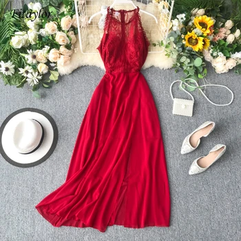 

Fitaylor Sexy Halter Neck Lace Patchwork Maxi Long Dress Elegant Summer Party Women Tank Sundress Split Casual Evening Vestidos