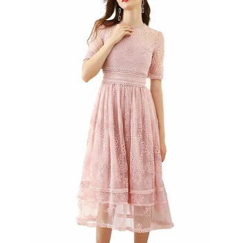 

HIGH QUALITY New Stylish Fashion 2020 Designer Runway Dress Women's O-Neck short Sleeve Gauze Embroidery Dress