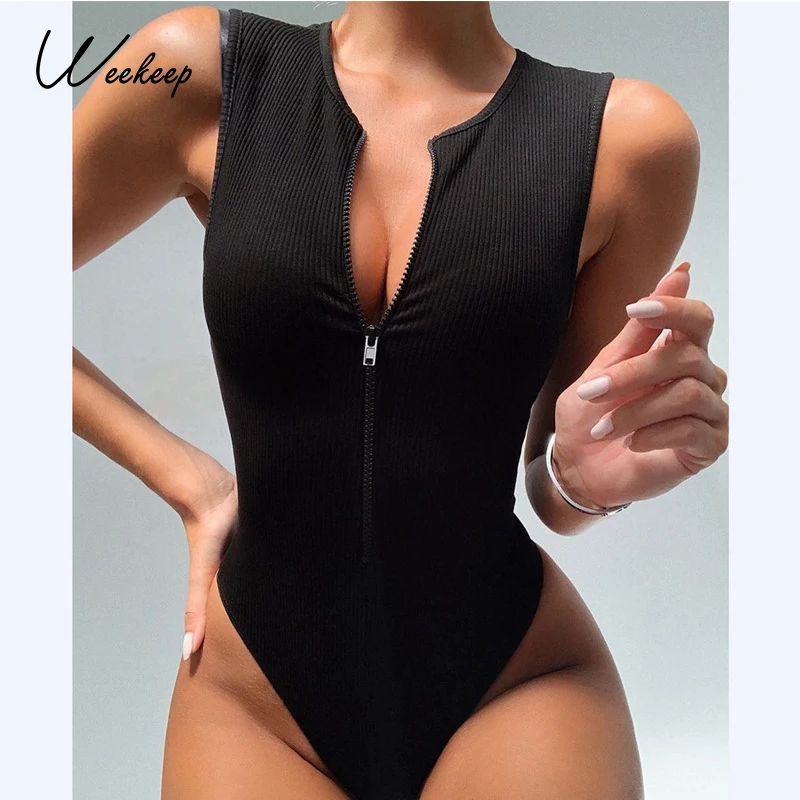 Weekeep costilla de punto de mujer con cremallera mono básico Casual sin mangas Bodycon mono Streetwear una pieza peleles para el cuerpo de verano 2021