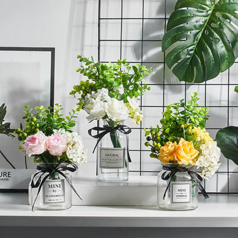 

Flower Glass Vase Home Wedding Decoration Fake Artificial Flowers Vase Set Transparent Arrangement Modern Nordic Minimalist