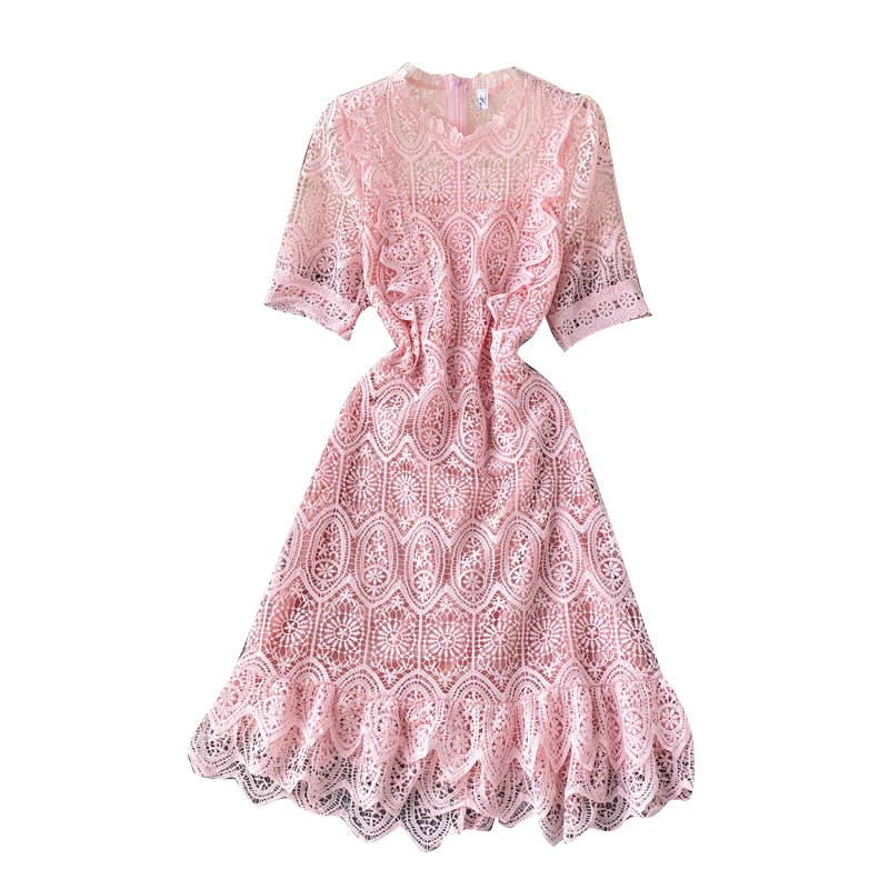 Lady Court Dress Women 2020 New Fashion Sexy Round Neck Short Sleeve Hollow Lace Ruffled Slim Solid Color Elegant Vestidos H969