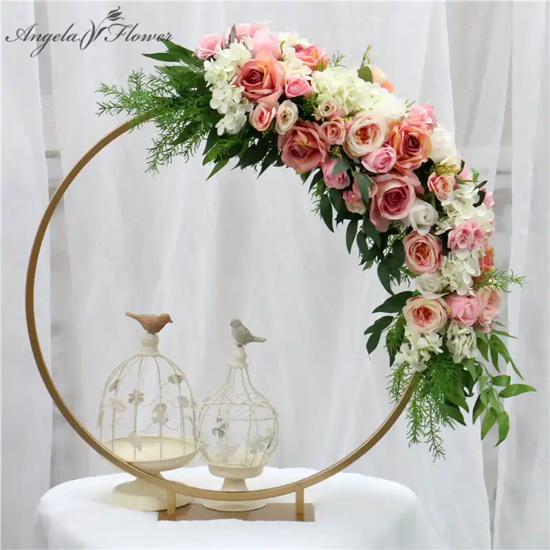 Anillo De Metal Dorado Para Fiesta Decoracion De Fondo De Boda Mesa Centro De Mesa Soporte De Flores Con Arreglo Con Flores Artificiales Peonias Flores Artificiales Y Secas Aliexpress